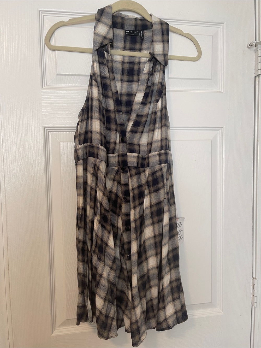 NWT Sleeveless Plaid Button-Front Dress in Black & Cream